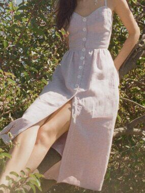 Reformation Thelma Purple and White Gingham Linen Midi Dress